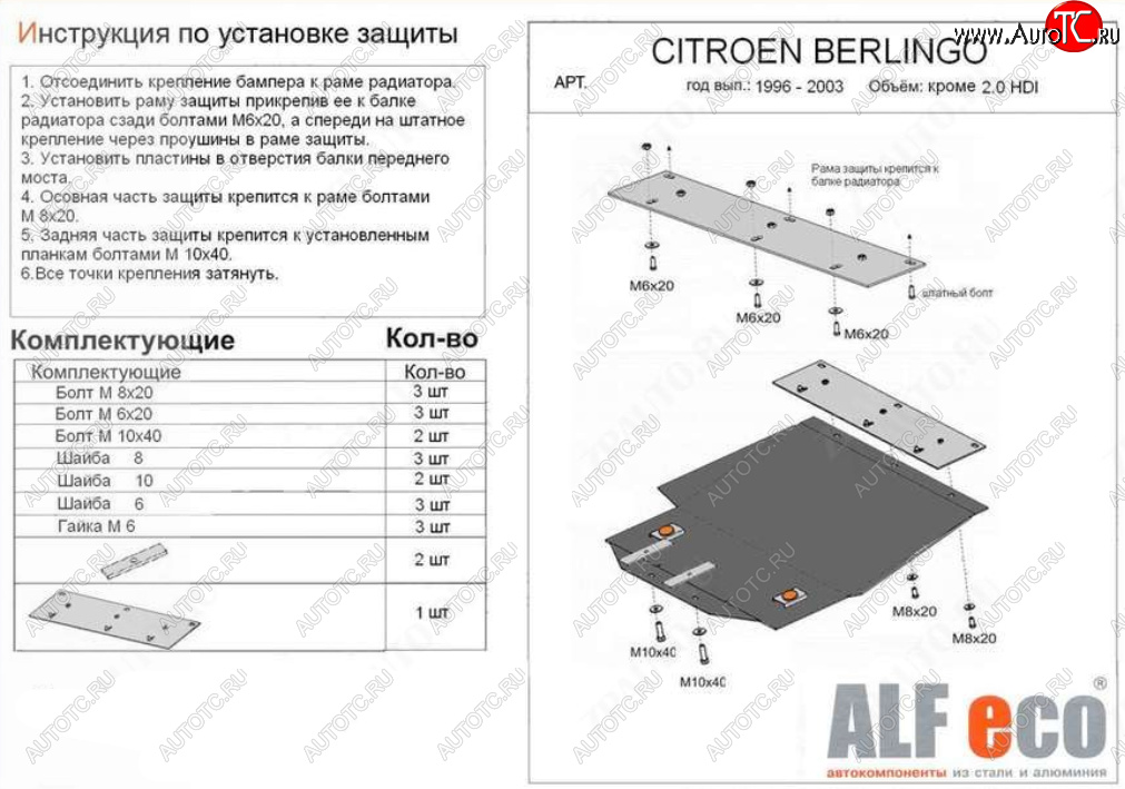 10 299 р. Защита картера двигателя и КПП (кроме 2,0 HDI) ALFECO  CITROEN Berlingo  M49 (1996-2003) дорестайлинг (Алюминий 4 мм)  с доставкой в г. Вологда