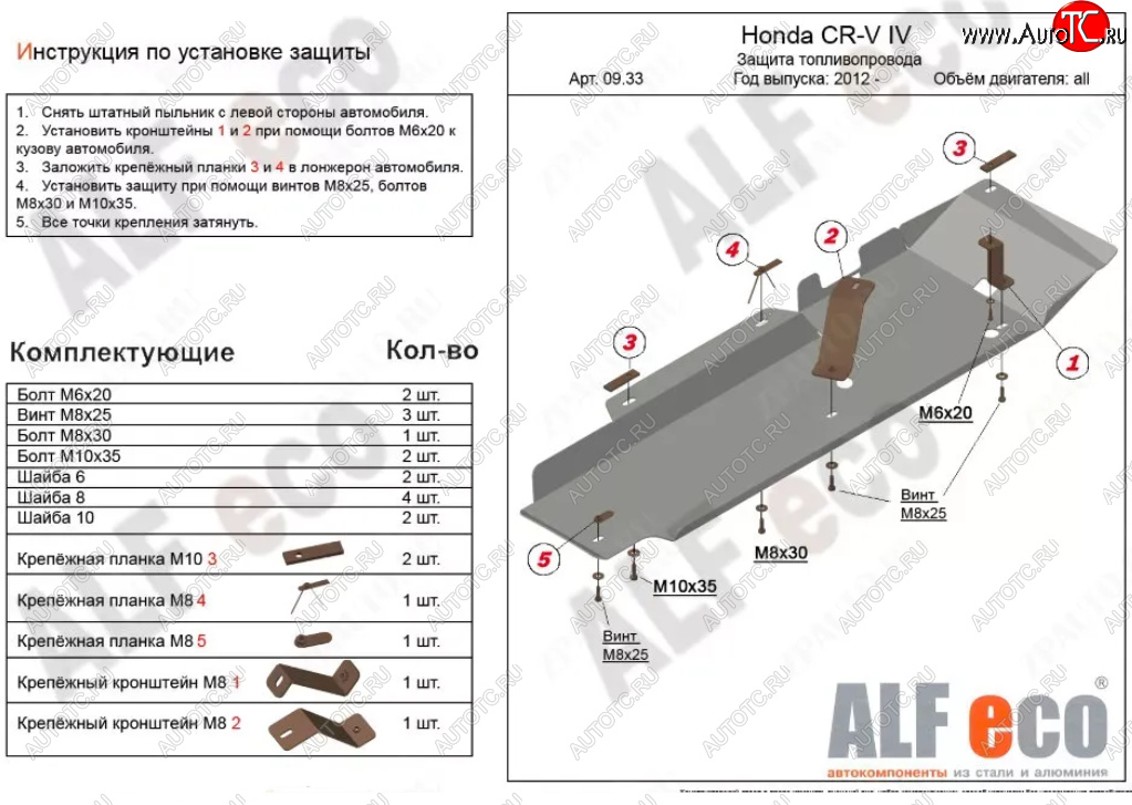 13 899 р. Защита топливопровода Alfeco  Honda CR-V  RM1,RM3,RM4 (2012-2018) дорестайлинг, рестайлинг (Алюминий 4 мм)  с доставкой в г. Вологда