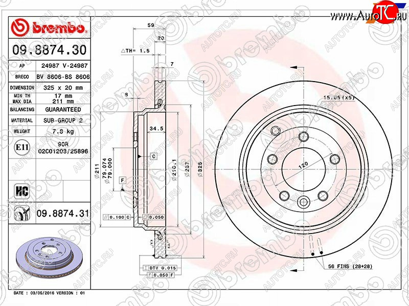 5 799 р. Задний тормозной диск (вентилируемый, d 325) BREMBO дизель Land Rover Range Rover Sport 1 L320 дорестайлинг (2005-2009)  с доставкой в г. Вологда