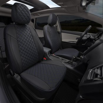 14 449 р. Чехлы сидений (экокожа) Автопилот Ромб Audi Q5 8R дорестайлинг (2008-2012) (черный/синяя строчка)  с доставкой в г. Вологда. Увеличить фотографию 7
