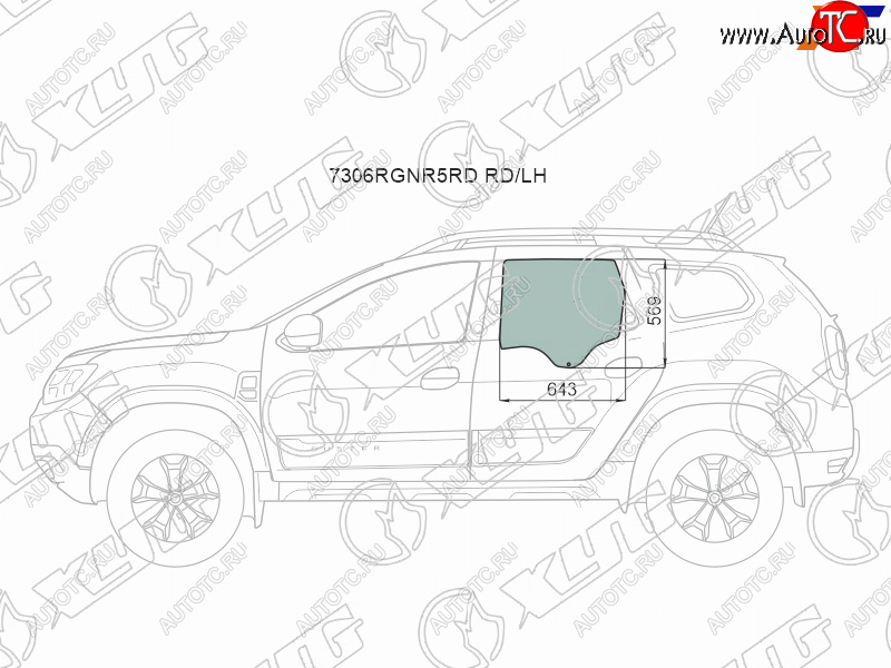 2 599 р. Стекло боковое опускное (Сзади Слева Цвет зеленый) Renault Duster 21-  Dacia Duster 17- XYG 7306LGNR5RD RD/LH  с доставкой в г. Вологда