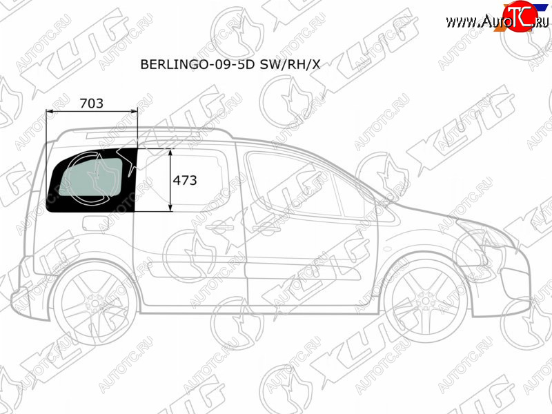 2 349 р. Стекло кузова боковое (не опускное) (Справа Цвет зеленый) Citroen Berlingo 08-22  Peugeot Partner XYG BERLINGO-09-5D SW/RH/X  с доставкой в г. Вологда