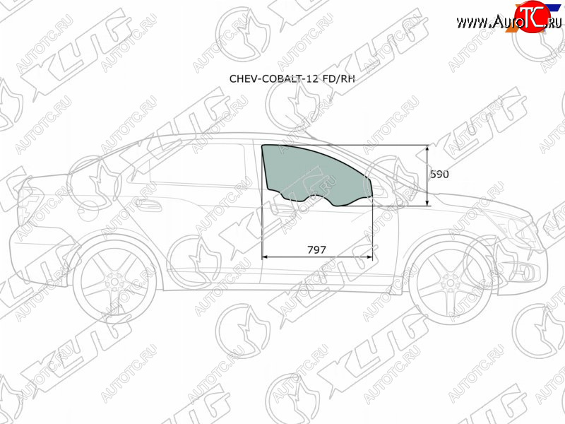 2 789 р. Стекло боковое опускное (Спереди Справа Цвет зеленый) Chevrolet Cobalt 13-  Ravon R4 16-20 XYG CHEV-COBALT-12 FD/RH  с доставкой в г. Вологда