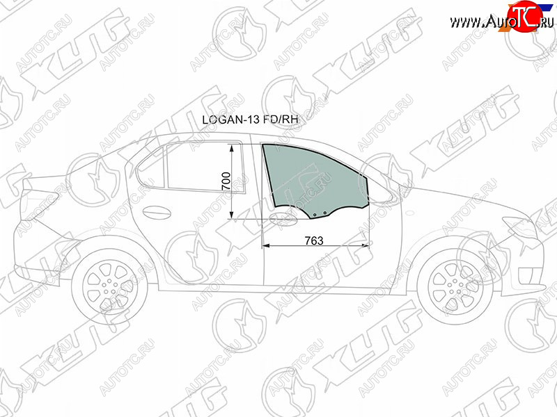 2 599 р. Стекло боковое опускное (Спереди Справа Цвет зеленый) Renault Logan 14-22  Sandero 14-22  Dacia XYG LOGAN-13 FD/RH  с доставкой в г. Вологда