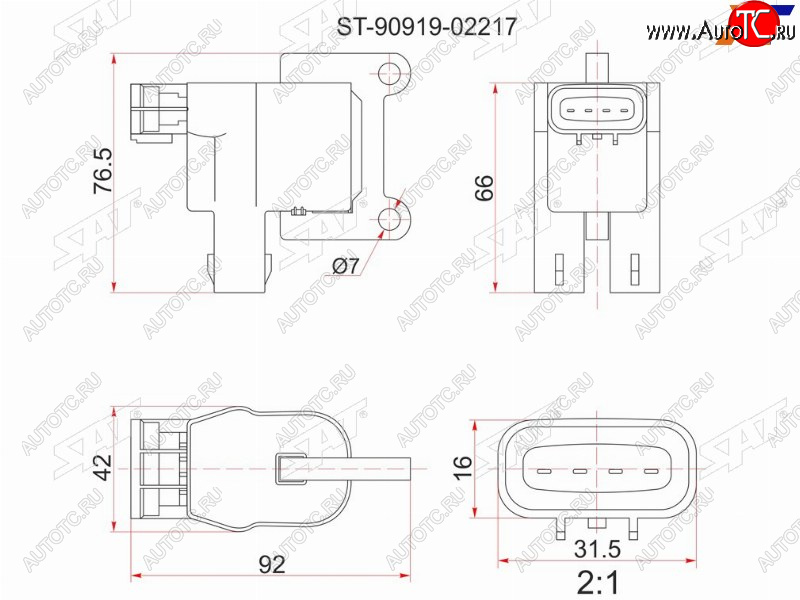 1 459 р. Катушка зажигания TOYOTA 3S5S-FE (№1) 96- ST19#ST21#ST20#SV4#SV55SXV2#SXM1#SXN1#SXU1#SXA1# SAT ST-90919-02217  с доставкой в г. Вологда