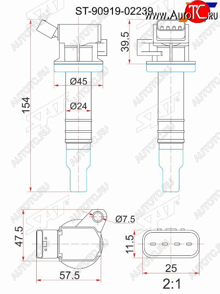 1 099 р. Катушка зажигания TOYOTA 1ZZ-FE 00- ZZE12#ZZT24#ZZV50ZCT10ZCA2#1KR-FE 04- KSP9#KGC1#3SG-G# SX SAT ST-90919-02239  с доставкой в г. Вологда