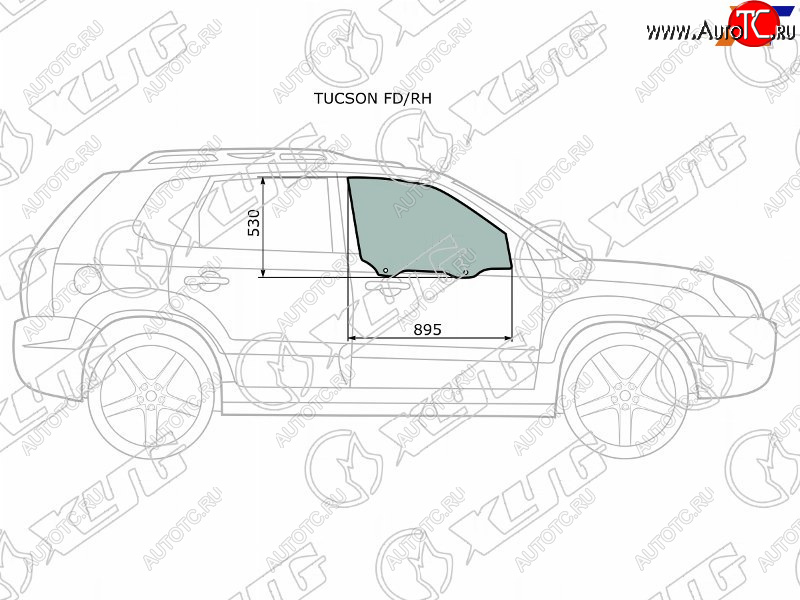 2 789 р. Стекло боковое опускное (Спереди Справа Цвет зеленый) Hyundai Tucson 04-09 XYG TUCSON FD/RH  с доставкой в г. Вологда