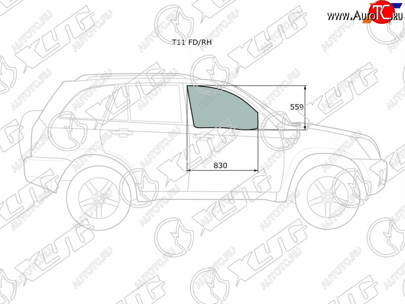 2 599 р. Стекло боковое опускное (Спереди Справа Цвет зеленый) Chery Tiggo T11 05-16  Vortex Tingo 10-14 XYG T11 FD/RH  с доставкой в г. Вологда
