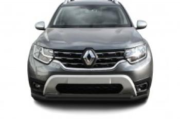 Защита переднего бампера d57+d42 двойная Slitkoff Renault Duster HM рестайлинг (2021-2024) (нержавейка с полимерным покрытием в цвет черный)
