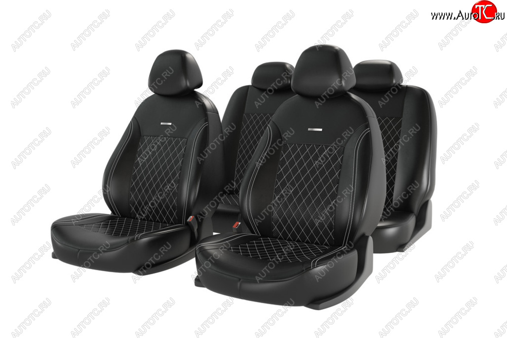 5 099 р. Универсальные чехлы сидений (майка, 11 предм., экокожа) Atom Leather CARFASHION   (черные белая строчка)  с доставкой в г. Вологда