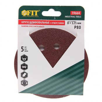 Бумага наждачная на липучке D125 P80 8 отверстий 5шт. FIT FIT 39664