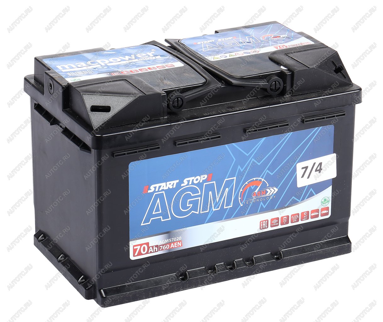 22 649 р. Аккумулятор MACPOWER AGM 70Ач обратная полярность MACPOWER 6ст70(0) 70agm57220  с доставкой в г. Вологда