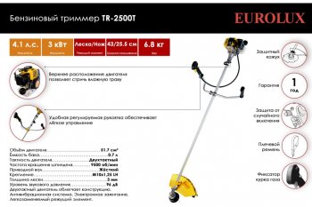 8 499 р. Газонокосилка (триммер) бензиновая 51.7куб.см, 3000Вт, захват 43см, леска+нож EUROLUX EUROLUX 70219  с доставкой в г. Вологда. Увеличить фотографию 2