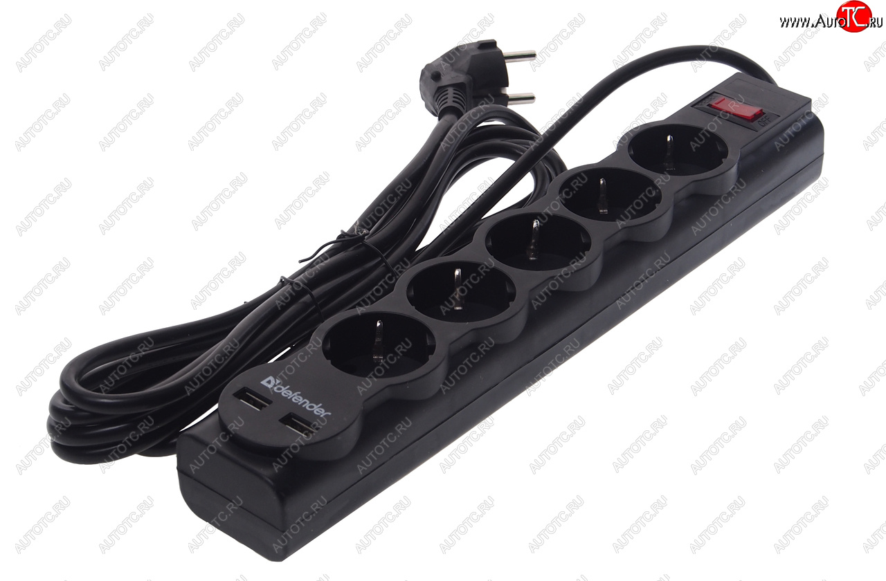 869 р. Фильтр сетевой 3м 10А 2200Вт 5 гнезд + 2 USB с заземлением черный DEFENDER DEFENDER 99753  с доставкой в г. Вологда