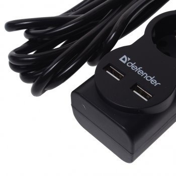 929 р. Фильтр сетевой 5м 10А 2200Вт 5 гнезд + 2 USB с заземлением черный DEFENDER DEFENDER 99755  с доставкой в г. Вологда. Увеличить фотографию 3