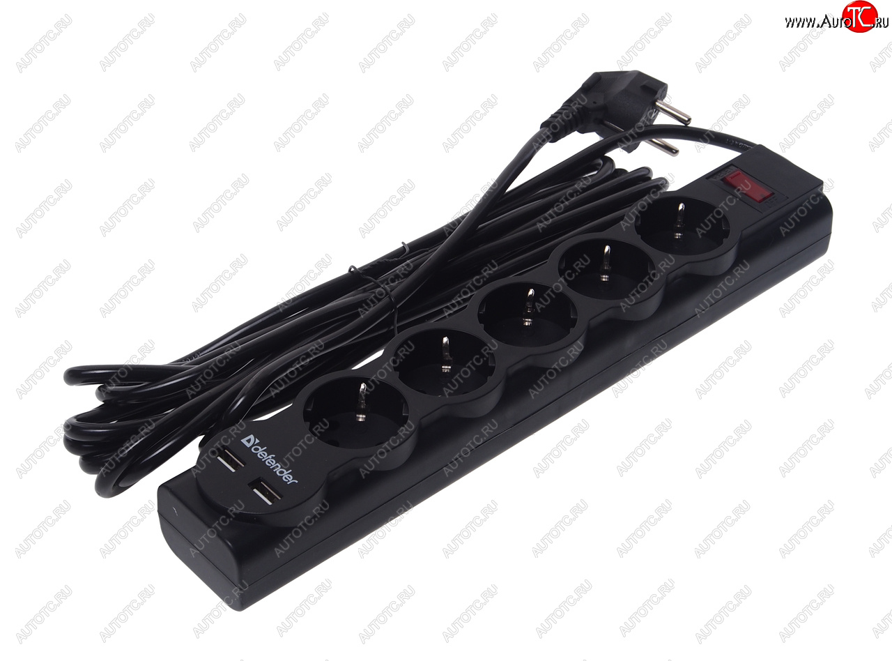 929 р. Фильтр сетевой 5м 10А 2200Вт 5 гнезд + 2 USB с заземлением черный DEFENDER DEFENDER 99755  с доставкой в г. Вологда
