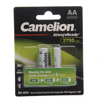 539 р. Батарейка AA HR6 1.2V аккумулятор Ni-MH 2700mAh бокс 2шт. (цена за 1шт.) CAMELION CAMELION nh-aa2700bp2  с доставкой в г. Вологда. Увеличить фотографию 3