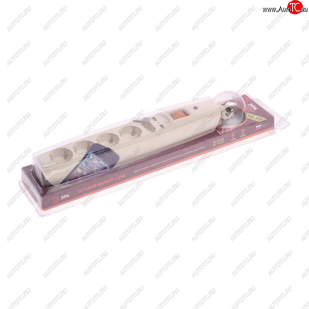 1 669 р. Фильтр сетевой 2м 10А 2200Вт 5 гнезд + 2 USB с заземлением бежевый ЭРА ЭРА sfu-5es-2m-i  с доставкой в г. Вологда