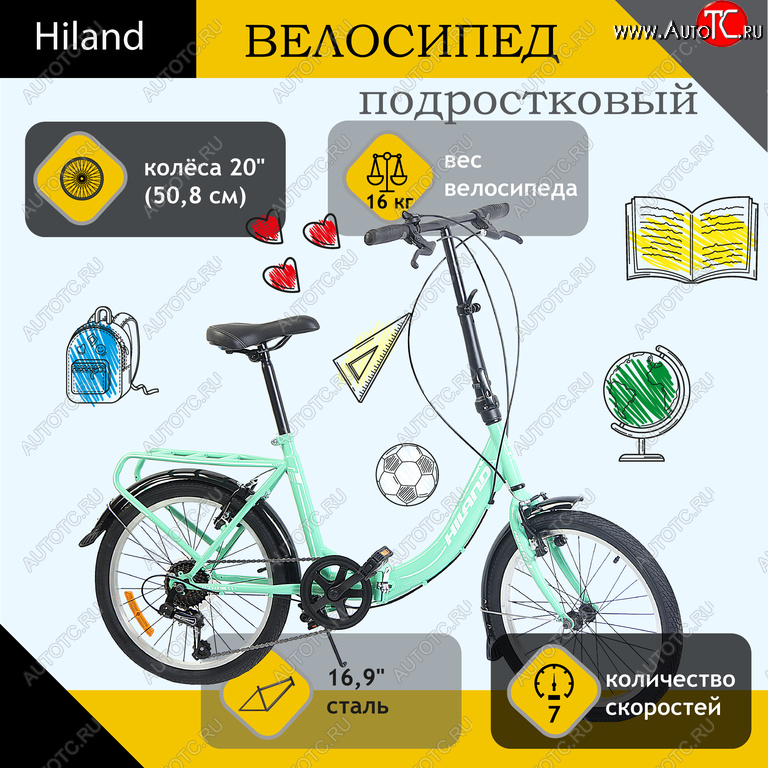 14 249 р. Велосипед 20 7-ск. складной бирюзовый HILAND HILAND t18b704 b HILAND t18b704 b  с доставкой в г. Вологда