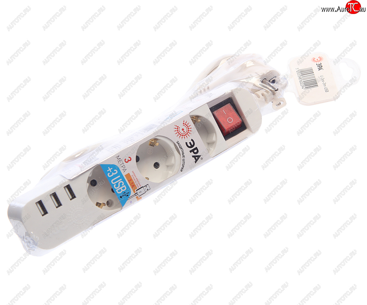 1 199 р. Фильтр сетевой 3м 10А 2200Вт 3 гнезда + 3 USB с заземлением белый ЭРА ЭРА u-3es-3m-usb  с доставкой в г. Вологда