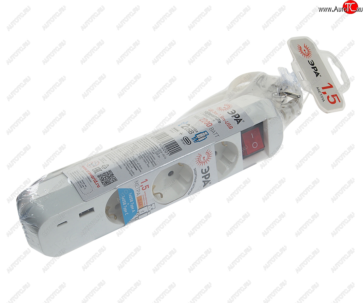 789 р. Фильтр сетевой 1.5м 10А 2200Вт 3 гнезда + 1 USB A 1 Type C с заземлением белый ЭРА ЭРА ub-3es-1,5m-usb  с доставкой в г. Вологда