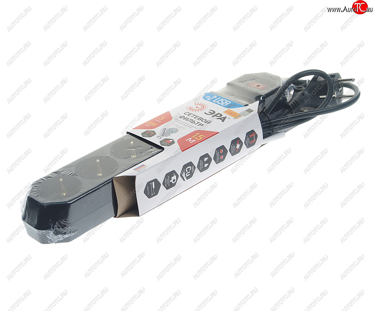 999 р. Фильтр сетевой 1.5м 10А 2200Вт 5 гнезд + 2 USB с заземлением черный ЭРА ЭРА usf-5es-1.5m-usb-b  с доставкой в г. Вологда