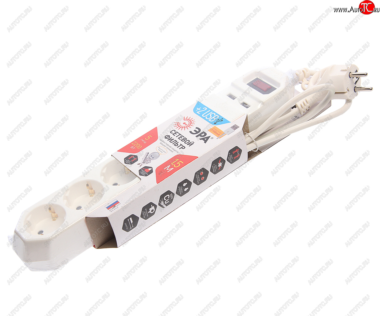 999 р. Фильтр сетевой 1.5м 10А 2200Вт 5 гнезд + 2 USB с заземлением белый ЭРА ЭРА usf-5es-1.5m-usb-w  с доставкой в г. Вологда