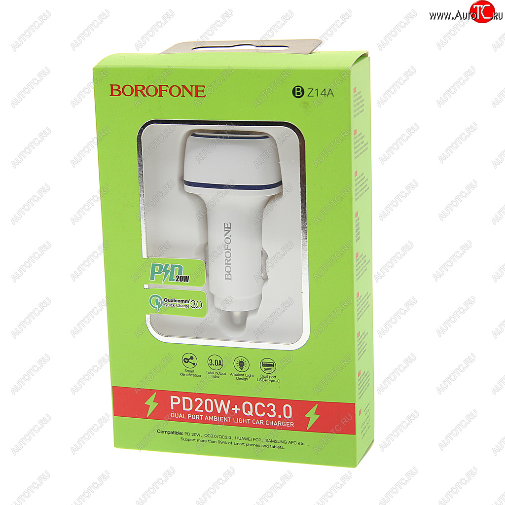 499 р. Устройство зарядное в прикуриватель 1USB + 1 Type C 12V белое BOROFONE BOROFONE bz14a white  с доставкой в г. Вологда