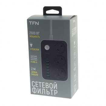1 569 р. Фильтр сетевой 2м 10А 2500Вт 3 гнезда+ 6 USB с заземлением черный TFN TFN tfn-power7bk  с доставкой в г. Вологда. Увеличить фотографию 4