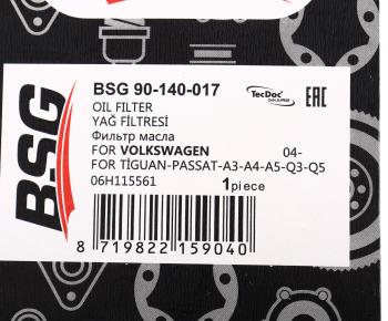 529 р. Фильтр масляный VW AUDI SEAT SKODA (1.82.0 TSITFSI) (04-) BSG BSG bsg90140017  с доставкой в г. Вологда. Увеличить фотографию 4