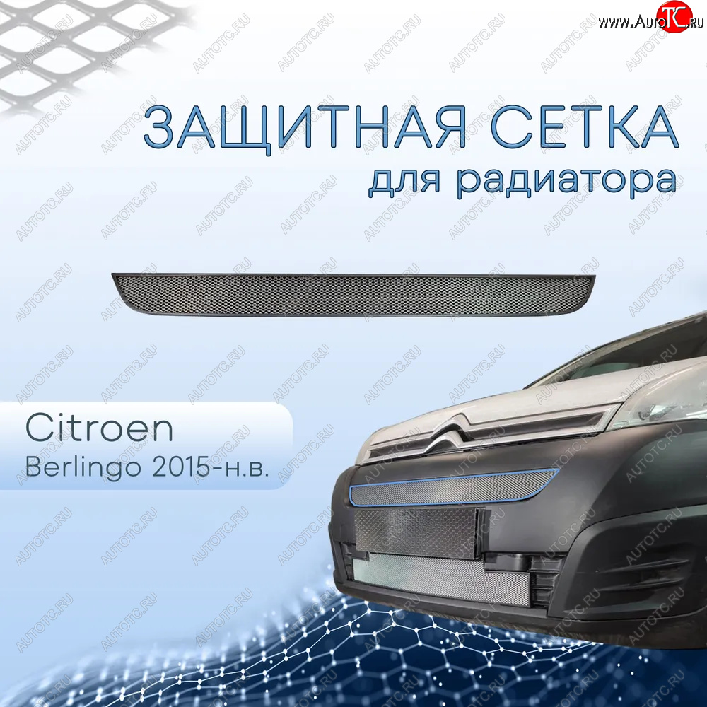 2 299 р. Защитная сетка в бампер (верх, ячейка 3х7 мм) Alfeco Стандарт  CITROEN Berlingo  B9 (2015-2022) рестайлинг (Хром)  с доставкой в г. Вологда