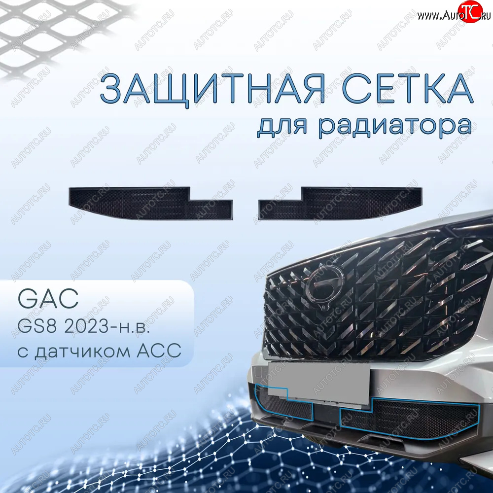 2 899 р. Защитная сетка в бампер (низ, чёрная, с датчиком ACC, 2 части) Alfeco Стандарт  GAC GS8 (2016-2023) (Чёрная)  с доставкой в г. Вологда