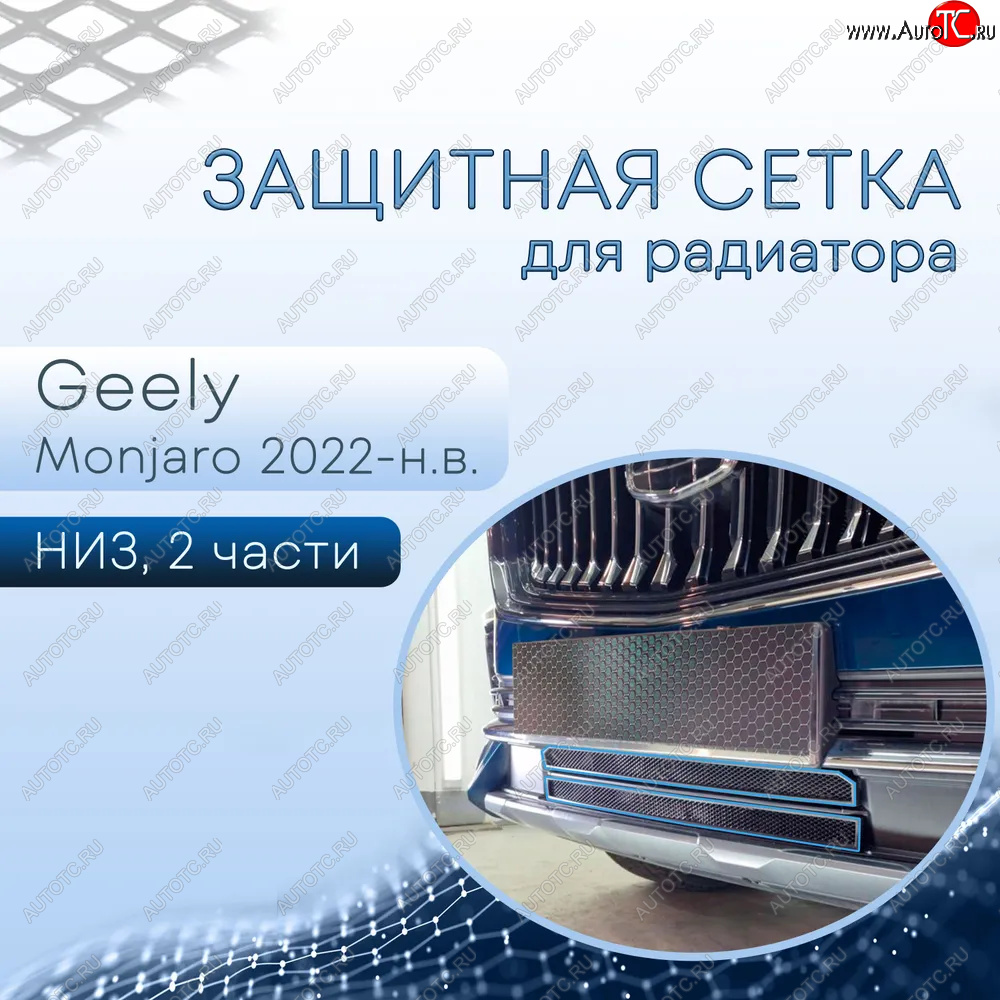 3 099 р. Защитная сетка в бампер (низ, 2 части, ячейка 3х7 мм) Alfeco Стандарт  Geely Monjaro (2022-2025) (Чёрная)  с доставкой в г. Вологда