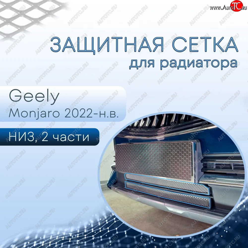 3 299 р. Защитная сетка в бампер (низ, 2 части, ячейка 3х7 мм) Alfeco Стандарт  Geely Monjaro (2022-2025) (Хром)  с доставкой в г. Вологда