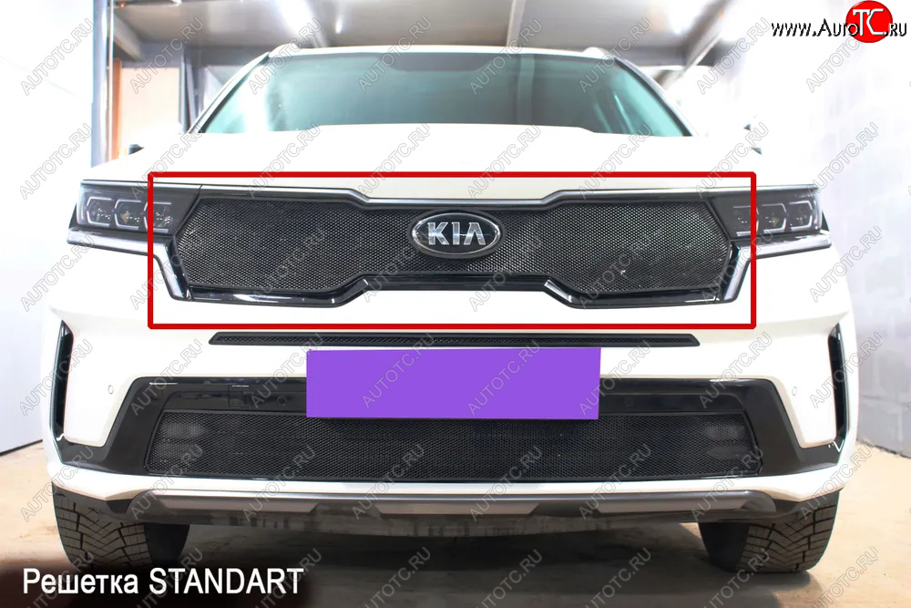 3 799 р. Защитная сетка в бампер (верх, ячейка 3х7 мм) Alfeco Стандарт  KIA Sorento  MQ4 (2020-2022) (Чёрная)  с доставкой в г. Вологда