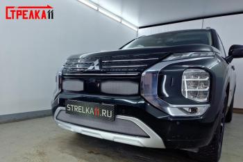 7 649 р. Защита радиатора (3 части) Стрелка11 Стандарт  Mitsubishi Outlander  GF (2018-2022) 3-ий рестайлинг (хром)  с доставкой в г. Вологда. Увеличить фотографию 3