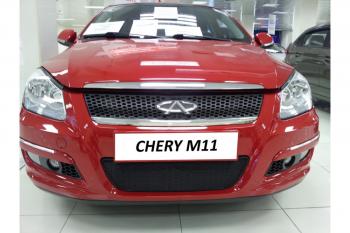 759 р. Зимняя заглушка решетки радиатор (низ с парктроником) Стрелка11 Chery M11 A3 седан (2010-2016) (черная)  с доставкой в г. Вологда. Увеличить фотографию 3