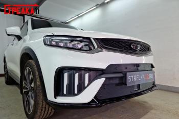759 р. Зимняя заглушка решетки радиатора (верх с камерой) Стрелка11  Geely Tugella  FY11,HPBA4 (2019-2023) дорестайлинг (черная)  с доставкой в г. Вологда. Увеличить фотографию 3