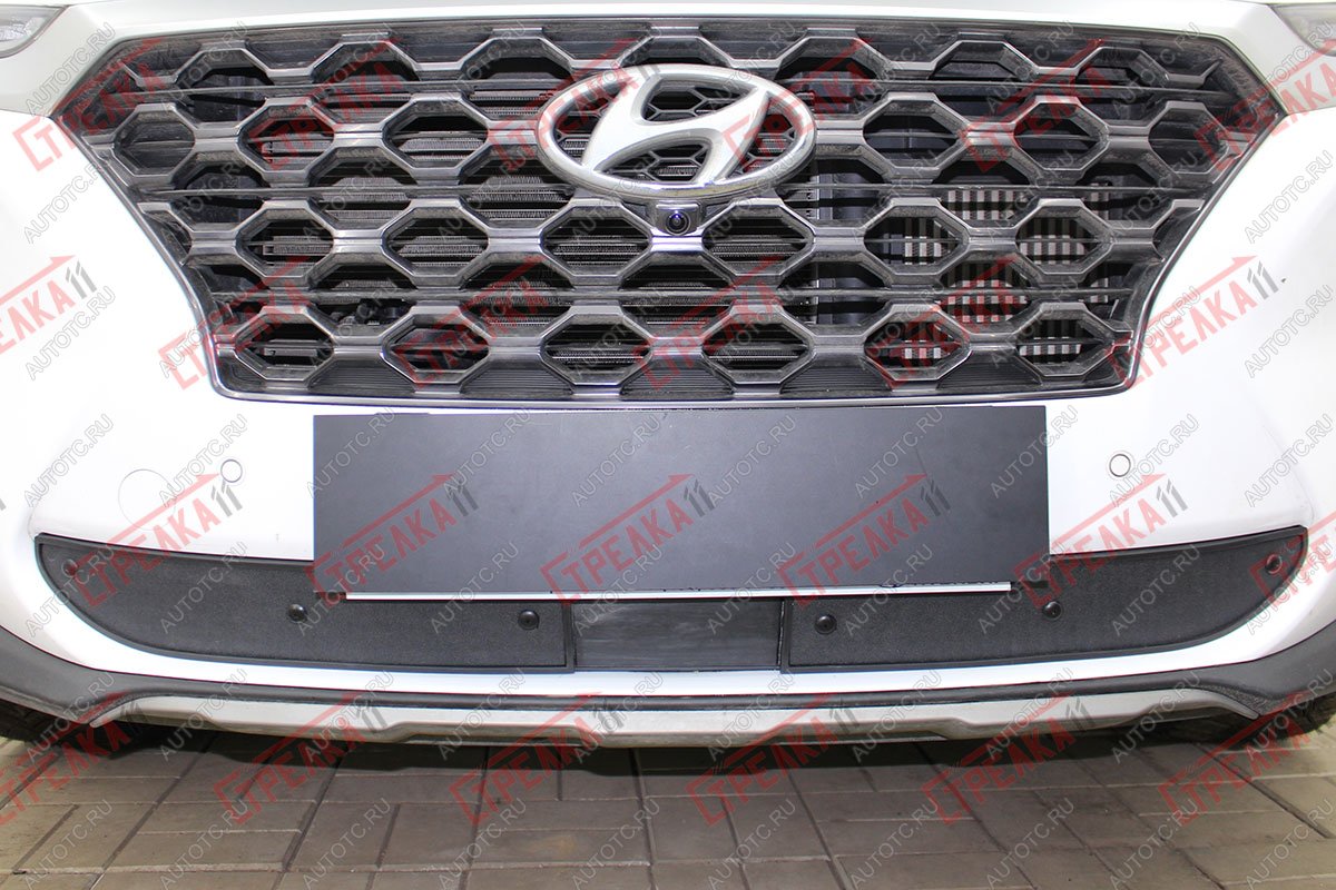 759 р. Зимняя заглушка решетки радиатора (с датчиком ACC низ) Стрелка11  Hyundai Santa Fe  TM (2018-2021) дорестайлинг (черная)  с доставкой в г. Вологда
