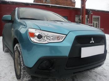 759 р. Зимняя заглушка решетки радиатора (верх, 2 части) Стрелка11 Mitsubishi ASX дорестайлинг (2010-2012) (черная)  с доставкой в г. Вологда. Увеличить фотографию 2