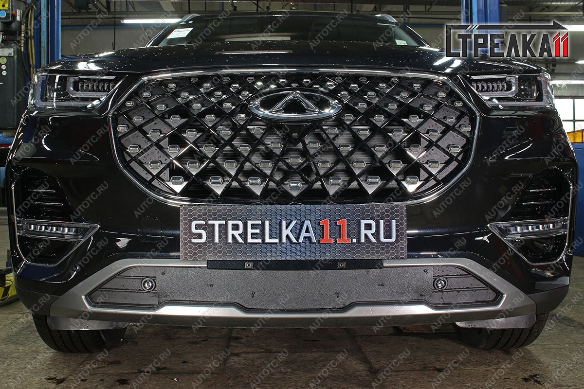 1 799 р. Зимняя защита на стяжке (низ с парктроником) Стрелка11  Chery Tiggo 8 PRO (2021-2025) (черная)  с доставкой в г. Вологда