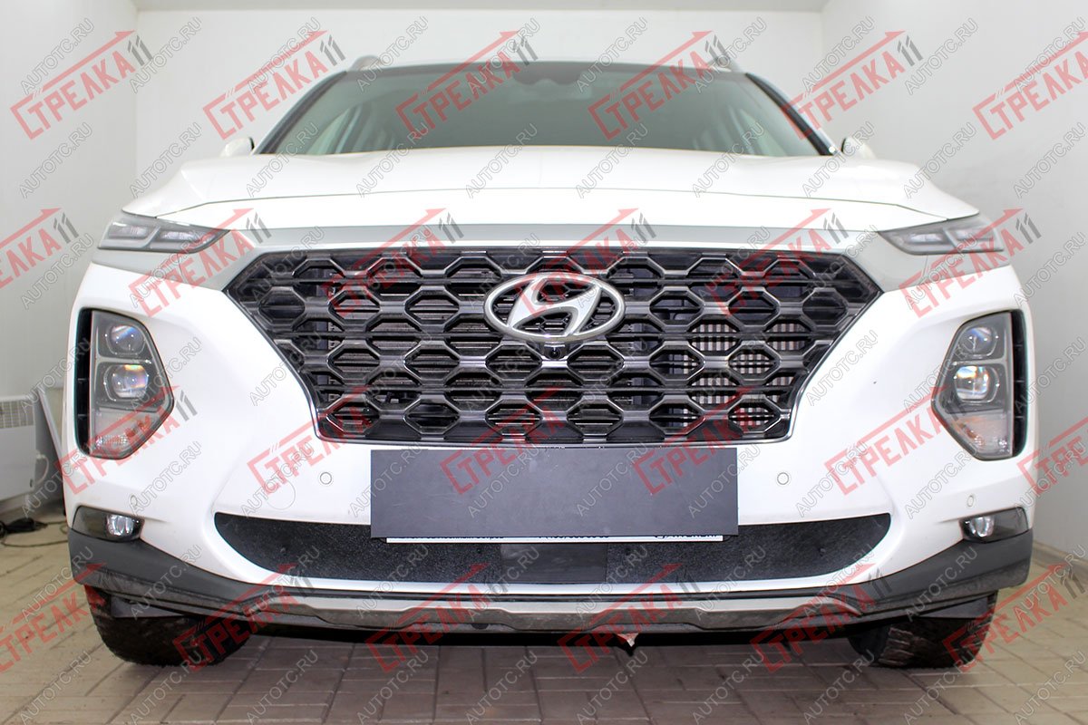 1 489 р. Зимняя защита на стяжке (с датчиком ACC низ) Стрелка11  Hyundai Santa Fe  TM (2018-2021) дорестайлинг (черная)  с доставкой в г. Вологда