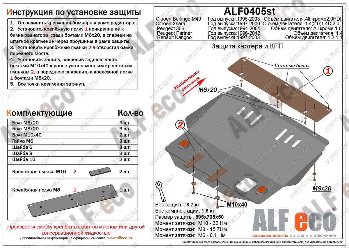 13 899 р. Защита топливного бака (V-1.4) ALFECO  Peugeot Partner Origin  минивэн (1996-2012) (алюминий 4 мм)  с доставкой в г. Вологда