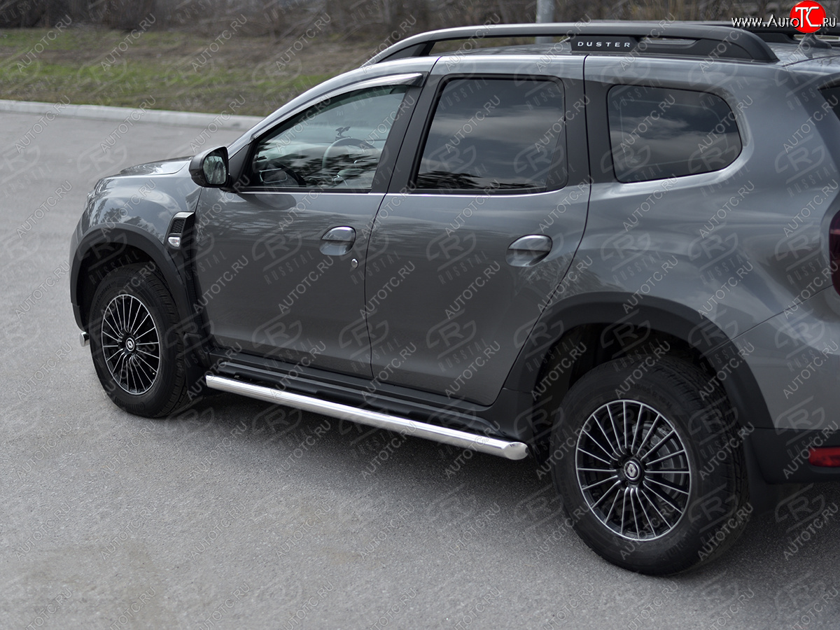 10 399 р. Защита порогов (Ø63 мм) Russtal Renault Duster HM рестайлинг (2021-2024) (срез на торцах 45°, полированная нержавейка)  с доставкой в г. Вологда