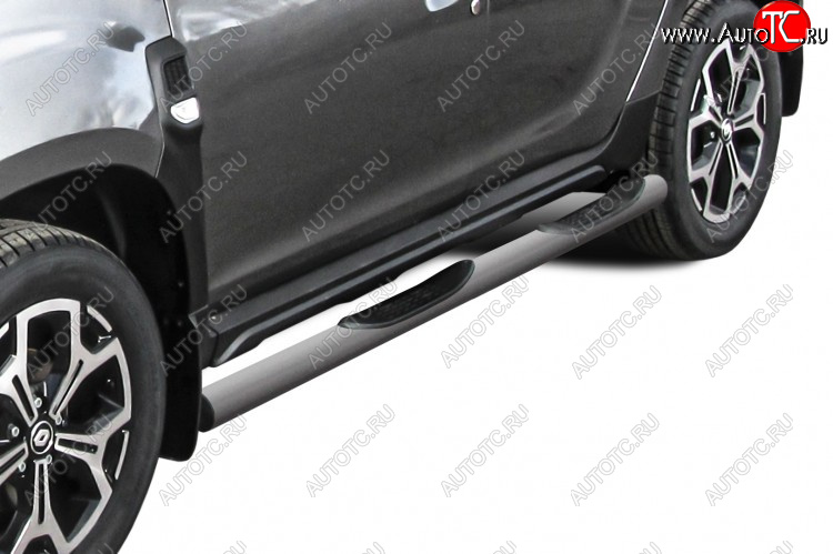 12 399 р. Защита порогов Slitkoff (Ø76 мм, с проступями) Renault Duster HM рестайлинг (2021-2024) (Сталь окрашенная, цвет серебристый)  с доставкой в г. Вологда