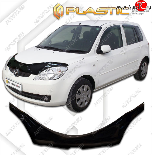 2 599 р. Дефлектор капота (exclusive) CA-Plastic  Mazda Demio  2 DY (2005-2007) рестайлинг (Classic чёрный, Без надписи)  с доставкой в г. Вологда