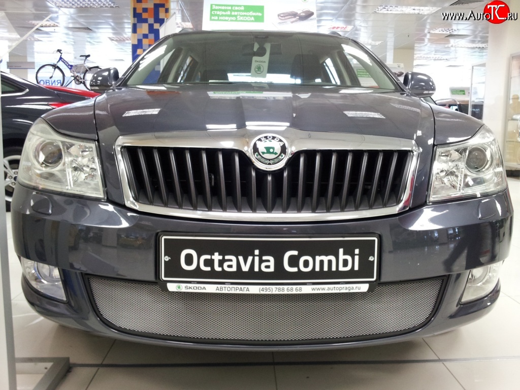 1 539 р. Сетка на бампер Russtal (хром) Skoda Octavia A5 рестайлинг универсал (2008-2013)  с доставкой в г. Вологда