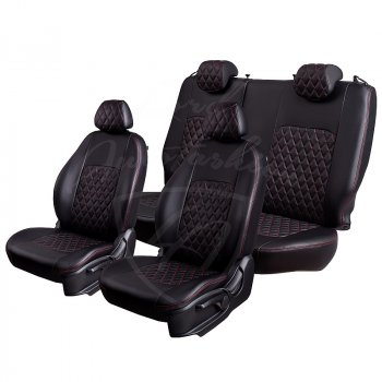 7 199 р. Чехлы для сидений Lord Autofashion Турин Ромб (экокожа) Toyota Camry XV70 дорестайлинг (2017-2021) (Черный, вставка черная, строчка красная)  с доставкой в г. Вологда. Увеличить фотографию 5