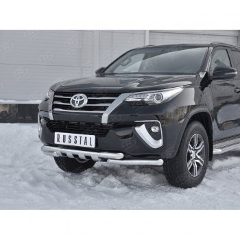 28 799 р. Защита переднего бампера (Ø63 мм с клыками, нержавейка) SLITKOFF Toyota Fortuner AN160 дорестайлинг (2015-2020)  с доставкой в г. Вологда. Увеличить фотографию 4