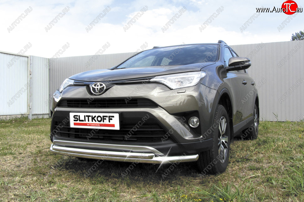 13 699 р. Защита переднего бампера Slitkoff (Ø57 и 42 мм) Toyota RAV4 XA40 5 дв. рестайлинг (2015-2019) (Нержавейка полированная)  с доставкой в г. Вологда